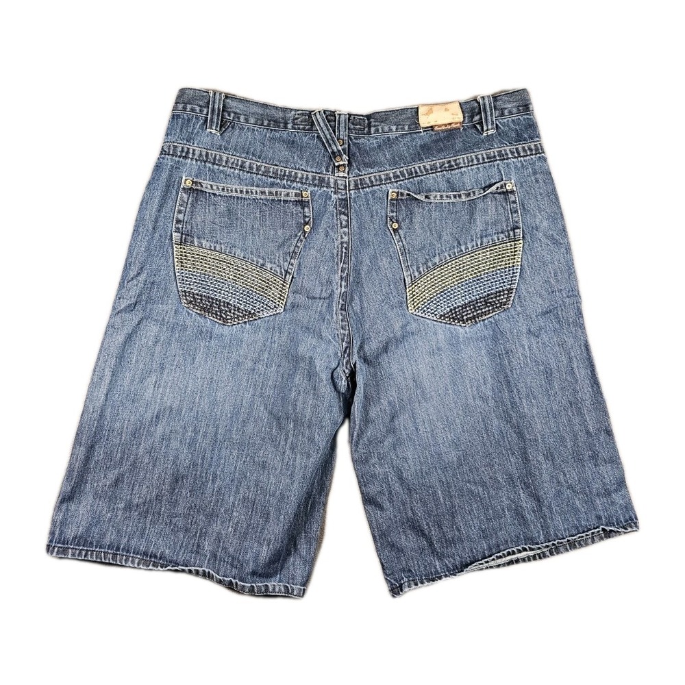 Akademiks Denim Shorts‎ Men's 44 Raw Blue Embroidered Pocket Hip Hop Y2K 13"